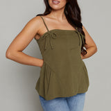 Lena Bow Trim Peplum Top - Olive