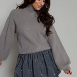 Kirsty Embellished Mixed Media Mini Dress - Gray