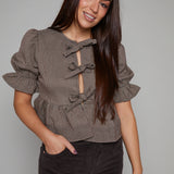 Sutton Plaid Bow Front Peplum Top