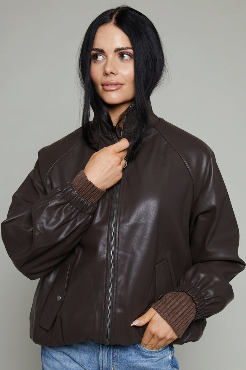 Brenna Faux Leather Bomber Jacket - Brown