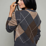 Phoebe Relaxed Argyle Cardigan - Charcoal Heather