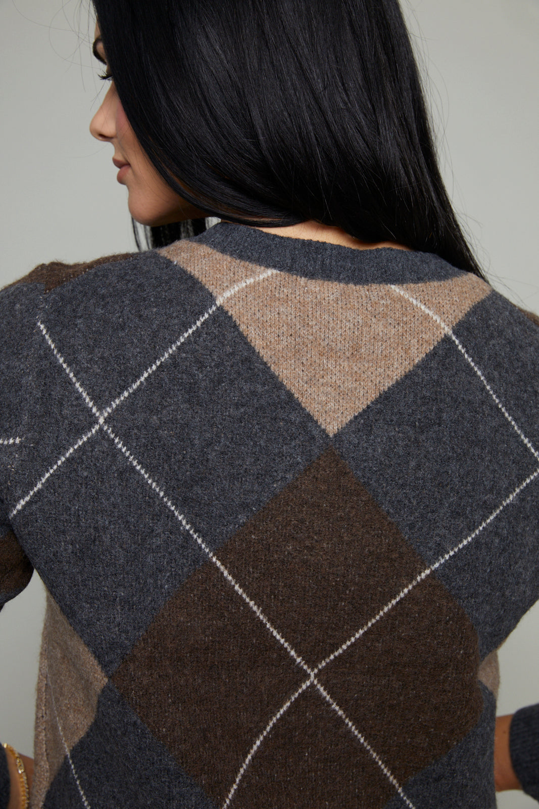Phoebe Relaxed Argyle Cardigan - Charcoal Heather
