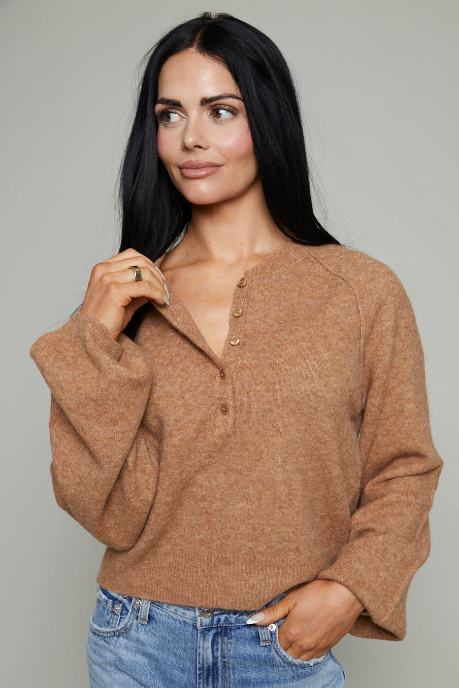 Ivana Brushed Knit Henley Sweater - Golden Carmel