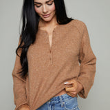 Ivana Brushed Knit Henley Sweater - Golden Carmel