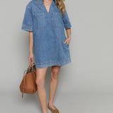 Daisy V-Neck Denim Tunic Mini Dress