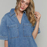 Daisy V-Neck Denim Tunic Mini Dress
