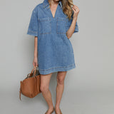 Daisy V-Neck Denim Tunic Mini Dress
