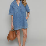Daisy V-Neck Denim Tunic Mini Dress