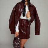 Eliza Faux Vinyl Leather Bomber Jacket - Bordeaux
