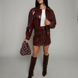 Eliza Faux Vinyl Leather Bomber Jacket - Bordeaux