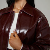 Eliza Faux Vinyl Leather Bomber Jacket - Bordeaux