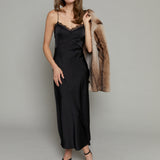 Sia Lace Trim Satin Midi Dress - Black