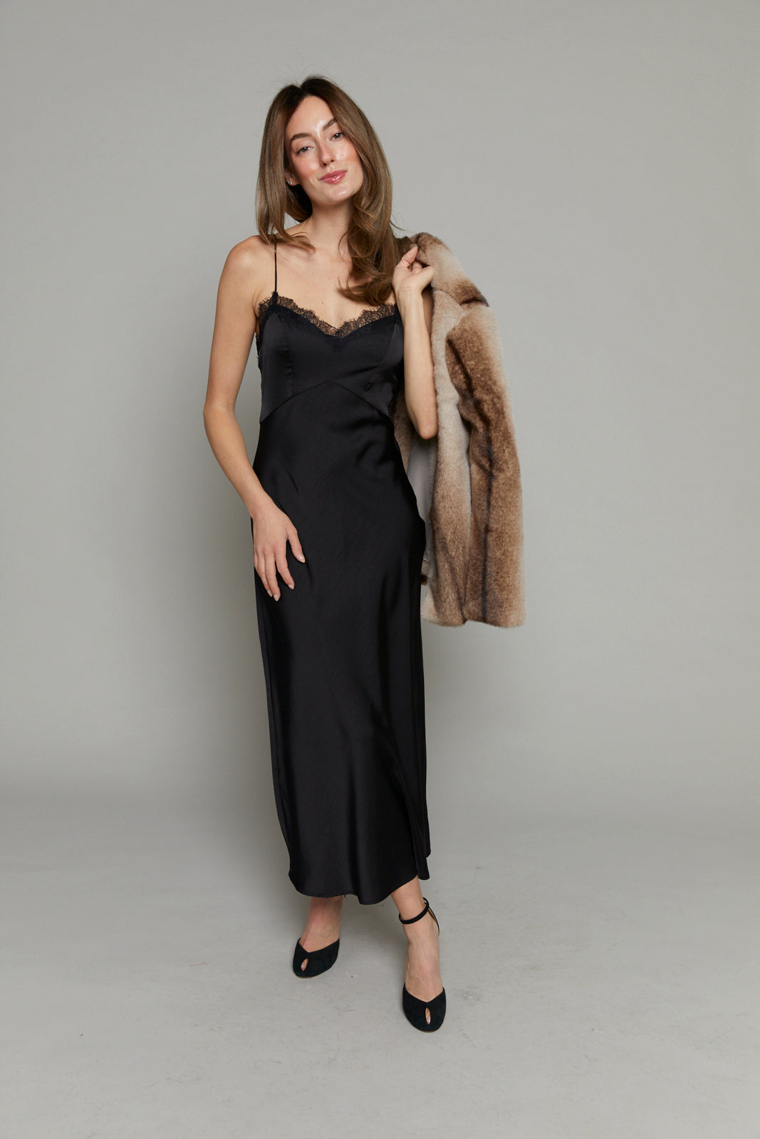 Sia Lace Trim Satin Midi Dress
