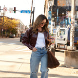 Eliza Faux Vinyl Leather Bomber Jacket - Bordeaux