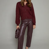 Ayla Embellished Cable Knit Cardigan - Wine