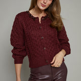 Ayla Embellished Cable Knit Cardigan - Wine
