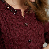 Ayla Embellished Cable Knit Cardigan - Wine