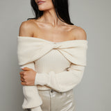 Prim Ribbed Off The Shoulder Sweater - Cream