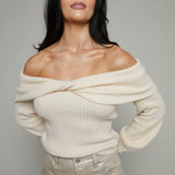 Prim Ribbed Off The Shoulder Sweater - Cream