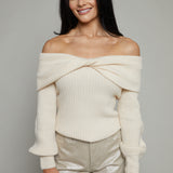 Prim Ribbed Off The Shoulder Sweater - Cream