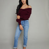 Prim Ribbed Off The Shoulder Sweater - Wine