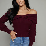 Prim Ribbed Off The Shoulder Sweater - Wine