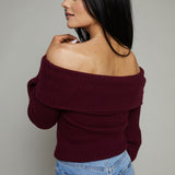 Prim Ribbed Off The Shoulder Sweater - Wine