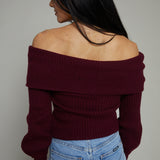 Prim Ribbed Off The Shoulder Sweater - Wine