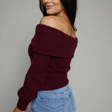 Prim Ribbed Off The Shoulder Sweater - Wine