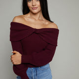 Prim Ribbed Off The Shoulder Sweater - Wine