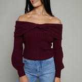Prim Ribbed Off The Shoulder Sweater - Wine