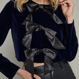 SISTER BLOOM: Brynn Navy Velvet Bow Front Top