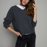 Rasha V-Neck Knit Sweater - Charcoal Heather