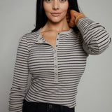 Arianna Striped Model Rib Henley - Heather Taupe