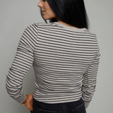 Arianna Striped Model Rib Henley - Heather Taupe