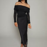 Erin Lace Satin Midi Skirt - Black