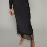 Erin Lace Satin Midi Skirt - Black