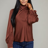 Carmen Mock Neck Satin Top - Rust