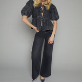 Robyn Front Tie Puff Sleeve Top - Black Denim