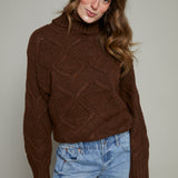 Saige Cable Knit Turtleneck Sweater - Brown