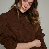 Saige Cable Knit Turtleneck Sweater - Brown