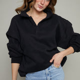 Hannah Oversized Fleece Henley Sweatshirt - Black
