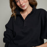 Hannah Oversized Fleece Henley Sweatshirt - Black