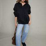 Hannah Oversized Fleece Henley Sweatshirt - Black
