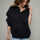 Hannah Oversized Fleece Henley Sweatshirt - Black