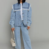 Jill Oversized Collar Lace Trim Denim Jacket