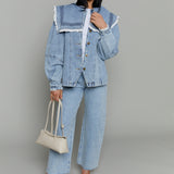 Jill Oversized Collar Lace Trim Denim Jacket