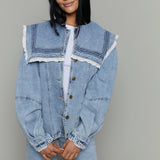 Jill Oversized Collar Lace Trim Denim Jacket