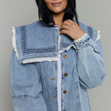 Jill Oversized Collar Lace Trim Denim Jacket