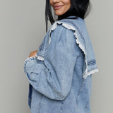 Jill Oversized Collar Lace Trim Denim Jacket